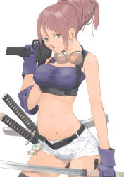 Rule 34 | 1girl, akinbo (hyouka fuyou), belt, breasts, brown eyes, brown hair, buckle, covered erect nipples, earrings, gloves, goggles, goggles around neck, gun, highres, jewelry, katana, machine pistol, medium breasts, midriff, navel, shirt, shorts, snap-fit buckle, solo, submachine gun, sword, taut clothes, taut shirt, thighhighs, uzi, weapon