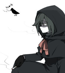 Rule 34 | 1girl, bird, black dress, black gloves, capelet, character name, cigarette, colored eyelashes, commentary request, crow, dress, gloves, green eyes, green hair, holding, holding cigarette, hood, hood up, hooded capelet, karasu (saibou shinkyoku), korean commentary, korean text, long sleeves, neck ribbon, nu (qjqmfqjqmf02), red ribbon, ribbon, saibou shinkyoku, short hair, simple background, sitting, smoke, smoking, solo, translation request, white background