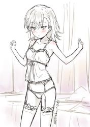 Rule 34 | 1girl, bag, blush, breasts, cleavage, collarbone, garter straps, greyscale, hair between eyes, indoors, isshi pyuma, lingerie, midriff, misaka mikoto, monochrome, navel, panties, rei no himo, short hair, sketch, sleeveless, small breasts, solo, standing, stomach, thighhighs, toaru majutsu no index, underwear, underwear only