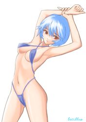 Rule 34 | 1girl, absurdres, armpits, arms up, artist name, ass, ayanami rei, bacillus, bikini, blue hair, breasts, closed mouth, commentary, cowboy shot, criss-cross halter, curled fingers, expressionless, halterneck, hand on own wrist, highleg, highleg bikini, highres, leaning back, looking at viewer, medium breasts, navel, neon genesis evangelion, paid reward available, purple bikini, red eyes, short hair, sideboob, signature, simple background, solo, standing, stretching, swimsuit, underboob, white background