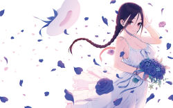 Rule 34 | 1girl, bare arms, bare shoulders, blue bow, blue flower, blue rose, blush, bouquet, bow, breasts, cleavage, closed mouth, collarbone, cowboy shot, dress, eyes visible through hair, floating hair, flower, hand in own hair, hand up, hat, hat ribbon, highres, holding, holding bouquet, large breasts, layered dress, looking at viewer, lunch (shin new), original, petals, purple eyes, purple hair, ribbon, rose, rose petals, scrunchie, simple background, smile, solo, standing, sun hat, unworn hat, unworn headwear, white background, white dress, white hat, white ribbon, wind, wrist scrunchie