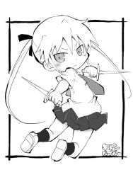 Rule 34 | 1girl, black socks, blush, closed mouth, collared shirt, commentary request, dual wielding, framed, full body, greyscale, holding, holding weapon, kill me baby, knife, long hair, looking back, midair, monochrome, necktie, pleated skirt, school uniform, shirt, shoes, simple background, skirt, socks, solo, sonya (kill me baby), twintails, weapon, white background, zubatto (makoto)