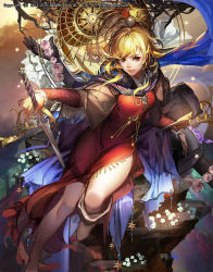 Rule 34 | 1girl, blonde hair, blue scarf, boots, brown eyes, cape, dress, emperors saga, flower, grey footwear, hand on hilt, highres, holding, holding sword, holding weapon, liduke, long sleeves, looking at viewer, official art, red dress, rock, rose, scarf, single boot, sitting, smile, solo, sword, watermark, weapon