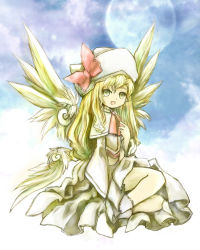 Rule 34 | 1girl, :d, bad id, bad pixiv id, blonde hair, blue sky, female focus, full moon, hat, lily white, long hair, moon, multiple wings, open mouth, ribbon, shiki shaku, sitting, sky, smile, solo, touhou, wings, yellow eyes