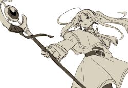 Rule 34 | 1girl, ayamame, belt, capelet, commentary, cowboy shot, dress, earrings, elf, floating hair, frieren, greyscale, highres, holding, holding staff, jewelry, long hair, long sleeves, monochrome, parted lips, pointy ears, solo, sousou no frieren, staff, thick eyebrows, twintails