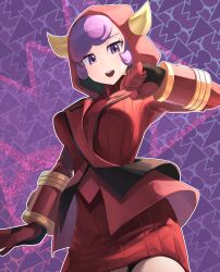 Rule 34 | 1girl, absurdres, blush, breasts, clenched hand, courtney (pokemon), cowboy shot, creatures (company), dress, game freak, gloves, highres, hood, hood up, horned hood, horns, large breasts, long sleeves, looking at viewer, nintendo, patterned background, pokemon, pokemon oras, purple background, purple eyes, purple hair, red dress, red gloves, short hair, solo, sweater, sweater dress, swept bangs, xin lan deng