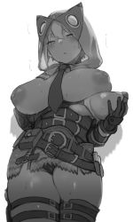 Rule 34 | 1girl, absurdres, belt, breasts, breasts out, collagen, gloves, greyscale, highres, hood, hood up, large breasts, monochrome, monster hunter (series), multiple belts, necktie, pukei-pukei (armor), short hair, solo, standing, sweat, thigh strap, thighs