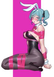 Rule 34 | 1girl, :o, absurdres, animal ears, arm ribbon, arm strap, arms behind back, black leotard, black ribbon, blue eyes, blue hair, blush, bound, bound arms, bow, bowtie, breasts, clothing cutout, detached collar, from side, full body, hair ribbon, hairband, haruse (kichiroharuse), hatsune miku, heart cutout, high heels, highres, leotard, looking at viewer, medium breasts, medium hair, o-ring, o-ring thigh strap, open mouth, pink background, pink ribbon, rabbit ears, rabbit girl, rabbit hole (vocaloid), red bow, red bowtie, ribbon, sitting, solo, spaghetti strap, thigh strap, thighs, twintails, vocaloid, white hairband