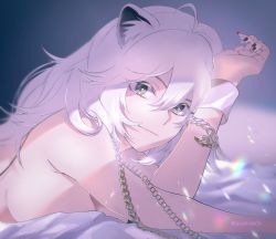 Rule 34 | 1girl, animal ears, artist name, black nails, bracelet, breast rest, breasts, chain, grey eyes, hair between eyes, highres, hololive, jewelry, large breasts, lion ears, lion girl, long hair, looking at viewer, lying, nail polish, nude, on stomach, shishiro botan, smile, solo, sushida0k, upper body, virtual youtuber, white hair, wrist cuffs
