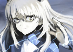 Rule 34 | 1girl, animal ears, ascot, blonde hair, blue jacket, blunt bangs, cat ears, closed mouth, electricity, eyebrows, facing away, floating hair, frown, glasses, grey-framed eyewear, jacket, long hair, long sleeves, looking away, looking to the side, military, military uniform, perrine h. clostermann, ringed eyes, shiratama (hockey), sidelocks, solo, straight hair, strike witches, uniform, upper body, white ascot, world witches series, yellow eyes