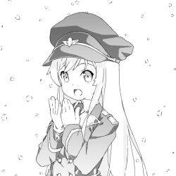 Rule 34 | 1girl, :d, collared shirt, commentary request, girls&#039; frontline, gloves, hat, long hair, military, military hat, military uniform, monochrome, necktie, open mouth, peaked cap, second-party source, shirt, smile, snowing, solo, stg44 (girls&#039; frontline), ueki yuma, uniform, upper body, white gloves