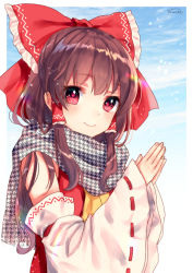 Rule 34 | 1girl, artist name, ascot, bad id, bad pixiv id, bare shoulders, blue sky, blush, brown hair, cloud, commentary request, day, detached sleeves, gradient background, hair tubes, hakurei reimu, long hair, long sleeves, looking at viewer, nunucco, outside border, own hands together, palms together, red eyes, ribbon-trimmed sleeves, ribbon trim, scarf, sidelocks, signature, sky, smile, solo, touhou, unmoving pattern, upper body, white background, wide sleeves, yellow ascot