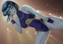 Rule 34 | 1girl, absurdres, black hair, blue eyes, bob cut, breasts, cleavage, cleavage cutout, clothing cutout, covered navel, hanabi-dou, heattech leotard, highres, indoors, leotard, light, light particles, light rays, lipstick, looking at viewer, makeup, medium breasts, minami toshimi, purple leotard, solo, wrestle angels, wrestle angels survivor, wrestling outfit, wristband