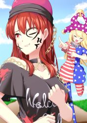 Rule 34 | 2girls, ;), american flag dress, american flag legwear, black collar, black shirt, blonde hair, breasts, chain, closed eyes, clothes writing, clownpiece, collar, commentary request, facepaint, fingernails, hat, hecatia lapislazuli, highres, jester cap, laughing, long fingernails, long hair, medium breasts, multiple girls, nail polish, neck ruff, off-shoulder shirt, off shoulder, one eye closed, outdoors, pantyhose, pointing, polka dot, purple headwear, red eyes, red hair, red nails, shirt, short sleeves, smile, star (symbol), star print, striped, t-shirt, tabira (kpiclike), touhou
