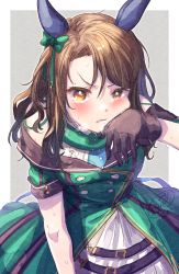 Rule 34 | 1girl, animal ears, bare shoulders, black gloves, blush, bow, brown hair, commentary request, dress, gloves, green bow, green jacket, grey background, hair between eyes, hair bow, hand up, highres, horse ears, ittokyu, jacket, king halo (umamusume), long hair, looking at viewer, off-shoulder jacket, off shoulder, one side up, parted lips, red eyes, sleeveless, sleeveless dress, solo, sweat, two-tone background, umamusume, v-shaped eyebrows, white background, white dress