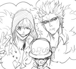 Rule 34 | 3boys, aged down, blush, brothers, closed mouth, crying, donquixote doflamingo, donquixote rocinante, earrings, feather coat, feathers, hat, heart, heart print, jewelry, looking at viewer, makeup, male focus, multiple boys, one piece, siblings, siinnk, smile, sunglasses, tears, trafalgar law, v
