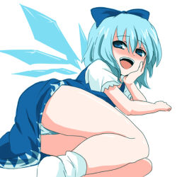 Rule 34 | 1girl, arm support, blue eyes, blue hair, blush, bow, cirno, embodiment of scarlet devil, ica, legs, lying, naughty face, on side, open mouth, panties, pantyshot, pantyshot (lying), simple background, smile, smug, solo, touhou, underwear, wings