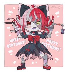 Rule 34 | 1girl, ahoge, commentary, english commentary, full body, happy birthday, heterochromia, hololive, hololive indonesia, kukie-nyan, kureiji ollie, looking at viewer, multicolored hair, open mouth, red eyes, red hair, solo, stitched arm, stitched face, stitched leg, stitched torso, stitches, sword, torn clothes, twitter username, udin (kureiji ollie), virtual youtuber, weapon, zombie