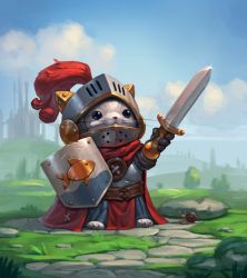Rule 34 | andrei modestov, animal, armor, castle, cat, clothed animal, day, fantasy, full armor, full body, glint, holding, holding shield, holding sword, holding weapon, knight, no humans, original, outdoors, plume, shield, sword, weapon, whiskers