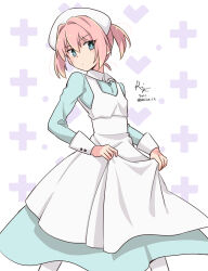 Rule 34 | 1girl, alternate costume, apron, apron hold, blue eyes, cross background, feet out of frame, hat, heart, heart background, kantai collection, light blue dress, looking at viewer, nurse, nurse cap, pink hair, ponytail, r-king, shiranui (kancolle), short hair, signature, solo, twitter username, white apron, white background