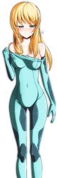 Rule 34 | 1girl, :t, absurdres, bad id, bad pixiv id, bare shoulders, blonde hair, blue eyes, blush, bodysuit, breasts, cameltoe, collarbone, hair down, highres, large breasts, long hair, long image, looking away, metroid, navel, nintendo, off shoulder, samus aran, sexually suggestive, skin tight, narrow waist, solo, sushoartworks, tall image, transparent background, undressing, zero suit