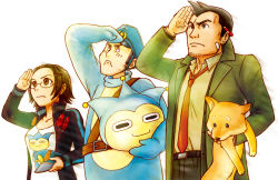 Rule 34 | 1girl, 2boys, ace attorney, bandage on face, bandages, belt, bibio, blue badger, brown hair, carrying, carrying under arm, costume, dick gumshoe, dog, feathers, hair ornament, hairclip, hat, maggey byrde, mascot costume, mike meekins, missile (ace attorney), multiple boys, necktie, object behind ear, pencil behind ear, phoenix wright: ace attorney - justice for all, police hat, salute, shirt, sideburns, t-shirt, unworn hat, unworn headwear