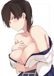 Rule 34 | 10s, 1girl, bare shoulders, blush, breast hold, breast suppress, breasts, brown eyes, brown hair, cleavage, collarbone, frown, hakama, hakama short skirt, hakama skirt, japanese clothes, kaga (kancolle), kantai collection, kichihachi, large breasts, looking at viewer, matching hair/eyes, off shoulder, short hair, side ponytail, simple background, skirt, solo, white background