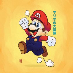 Rule 34 | 1boy, blue eyes, blush, clenched hands, commentary, david liu, english commentary, facial hair, gloves, hat, highres, male focus, mario, mario (series), mustache, nintendo, open mouth, overalls, red hat, red shirt, running, shirt, smile, solo, white gloves, yellow background