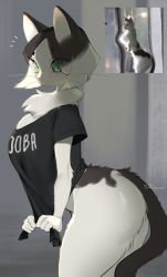 Rule 34 | 1girl, absurdres, animal ears, animal nose, arched back, artist name, black fur, black hair, black shirt, blush, bob cut, body fur, booba (meme), bottomless, breasts, cat, cat ears, cat girl, cat tail, clenched hands, closed mouth, clothes writing, cowboy shot, dated, dot mouth, english text, female focus, from side, furry, furry female, green eyes, grey background, highres, large breasts, leaning forward, light blush, looking at viewer, meme, multicolored hair, neck fur, notice lines, original, parted bangs, personification, photo-referenced, reference inset, shirt, shirt grab, short hair, short sleeves, sidelocks, signature, slit pupils, solo, standing, tail, thick thighs, thighs, two-tone fur, two-tone hair, whiskers, white fur, white hair, yuio58ok