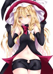 Rule 34 | 1girl, bad id, bad twitter id, black gloves, black hat, black shorts, blonde hair, bow, braid, closed mouth, cowboy shot, elbow gloves, frilled hat, frills, gloves, hair between eyes, hair bow, hands on headwear, hat, hat bow, highres, kirisame marisa, long hair, looking at viewer, nanase nao, navel, open clothes, open shorts, red bow, shorts, side braid, simple background, single braid, sleeveless, smile, solo, standing, touhou, white background, white bow, witch hat, yellow eyes
