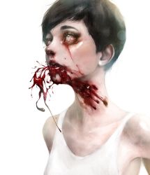 Rule 34 | 1girl, blood, blood from mouth, blood on face, bloody tears, commentary request, empty eyes, eyelashes, genk, guro, highres, injury, lips, looking afar, nose, original, parted lips, shirt, short hair, simple background, solo, tank top, upper body, very short hair, white background, white shirt