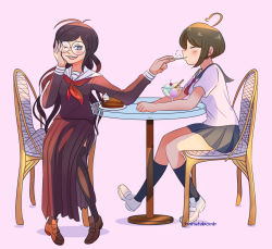 Rule 34 | 2girls, ahoge, baristabomb, black thighhighs, blush, brown footwear, cake, calf socks, cherry, closed eyes, closed mouth, danganronpa (series), danganronpa another episode: ultra despair girls, dress, ears, feeding, female focus, fingernails, food, fruit, fukawa toko, full body, glasses, hand on own chest, hand on own face, ice cream, long hair, long sleeves, looking at viewer, medium hair, multiple girls, naegi komaru, nose, on chair, one eye closed, open mouth, pink background, plate, purple dress, purple eyes, purple hair, red neckwear, red scarf, round eyewear, scarf, shirt, short sleeves, simple background, sitting, teeth, thighhighs, upper teeth only, whipped cream, white footwear, white shirt, yuri