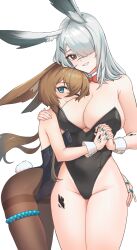 Rule 34 | 2girls, alternate costume, amiya (arknights), animal ears, arknights, bare shoulders, black eyes, black leotard, blue eyes, breasts, brown hair, brown pantyhose, cleavage, commentary, cowboy shot, frostnova (arknights), grey hair, grin, hair over one eye, highres, holding hands, large breasts, leotard, long hair, looking at viewer, material growth, multiple girls, oripathy lesion (arknights), pantyhose, playboy bunny, rabbit ears, rabbit tail, radioneet, scar, scar on face, scar on nose, smile, standing, strapless, strapless leotard, tail, thighband pantyhose, thighlet, thighs, wrist cuffs, yuri