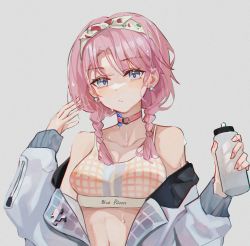 Rule 34 | 1girl, absurdres, arknights, bare shoulders, blue eyes, blue poison (arknights), blue poison (shoal beat) (arknights), blush, bottle, braid, breasts, camisole, choker, clothes writing, ear piercing, grey background, hairband, hand up, highres, holding, holding bottle, jacket, lan zhu gu, looking at viewer, medium hair, navel, o-ring, o-ring choker, off shoulder, official alternate costume, open clothes, open jacket, piercing, pink choker, pink hair, scales, simple background, small breasts, solo, spaghetti strap, sports bra, sweat, upper body, water bottle, white jacket