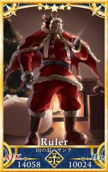 Rule 34 | 1boy, bell, black sclera, blue eyes, boots, bow, brown footwear, card (medium), card parody, christmas, christmas lights, christmas tree, clenched hands, cloak, colored sclera, cross-laced footwear, eiri (eirri), fate/grand order, fate (series), fireplace, fringe trim, fur-trimmed boots, fur-trimmed cloak, fur-trimmed hood, fur-trimmed shirt, fur-trimmed sleeves, fur trim, glowing, glowing eyes, green bow, hand up, hat, hood, hood up, hooded cloak, horns, indoors, king hassan (fate), lace-up boots, long hair, long sleeves, male focus, pants, puffy pants, red cloak, red hat, red pants, red shirt, ribbon, sack, santa costume, santa hat, scarf, servant card (fate/grand order), shirt, skull, solo, standing, star (symbol), striped bow, striped clothes, striped scarf, torn cloak, torn clothes