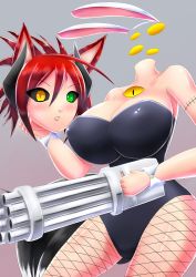 Rule 34 | 1girl, animal ears, bare shoulders, black sclera, breasts, cat ears, colored sclera, disembodied head, dullahan, fake animal ears, fishnet pantyhose, fishnets, green eyes, gun, heterochromia, holding head, horns, kittysuit, large breasts, leotard, machine gun, monster girl, nontraditional playboy bunny, original, pantyhose, playboy bunny, rabbit ears, red hair, short hair, solo, spiked hair, stitches, tail, third eye, weapon, wrist cuffs, xano, yellow eyes