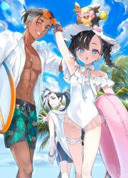 Rule 34 | 1girl, 2boys, abs, alternate costume, alternate hairstyle, aqua eyes, armpit crease, bare shoulders, black hair, blue eyes, blue sky, braid, breasts, bridal garter, brother and sister, choker, cloud, collarbone, collared shirt, covered navel, creatures (company), dark-skinned male, dark skin, day, dog tags, earrings, eyewear on headwear, frills, game freak, gen 8 pokemon, grey hair, hat, highres, holding, holding swim ring, innertube, jewelry, looking at viewer, male swimwear, marnie (pokemon), morpeko, morpeko (full), multicolored hair, multiple boys, nekoyashiki pushio, nintendo, one-piece swimsuit, one eye closed, open clothes, open mouth, open shirt, outdoors, piers (pokemon), pokemon, pokemon swsh, ponytail, raihan (pokemon), ribbon, ribbon choker, shirt, siblings, sky, small breasts, smile, standing, stud earrings, sun hat, sunglasses, swept bangs, swim ring, swim trunks, swimsuit, teeth, toned, toned male, twin braids, two-tone hair, white hair, white headwear, white one-piece swimsuit, white ribbon, white shirt