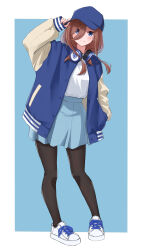 Rule 34 | 1girl, absurdres, baseball cap, black pantyhose, blue background, blue eyes, blue hat, blue jacket, blue skirt, blush, breasts, brown hair, closed mouth, commentary request, full body, go-toubun no hanayome, hair between eyes, hand in pocket, hand on headwear, hat, headphones, headphones around neck, highres, honorikiti, jacket, letterman jacket, long hair, long sleeves, medium breasts, nakano miku, open clothes, open jacket, pantyhose, pleated skirt, puffy long sleeves, puffy sleeves, shirt, shoes, skirt, sleeves past wrists, smile, solo, standing, two-tone background, white background, white footwear, white shirt