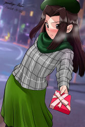 Rule 34 | 1girl, artist name, beret, black eyes, black hair, blurry, blurry background, blush, box, casual, closed mouth, commentary request, dated, day, depth of field, frown, gift, gift box, girls und panzer, giving, green hat, green scarf, green skirt, grey shirt, hat, highres, holding, holding gift, long hair, long sleeves, looking at viewer, matsui yasutsugu, outdoors, partial commentary, saemonza (girls und panzer), scarf, shirt, signature, skirt, solo, standing, straight hair, valentine