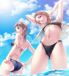 Rule 34 | 2girls, armpits, arms behind head, ass, bad id, bad pixiv id, bikini, blonde hair, blue eyes, breasts, butt crack, cloud, contrail, day, from below, front-tie top, highres, lens flare, medium breasts, multiple girls, navel, o-ring, o-ring bottom, original, outdoors, rezi, sky, stretching, swimsuit, underboob, wading, water, wet