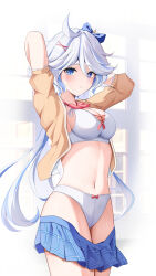 Rule 34 | 1girl, absurdres, arms up, blue hair, blush, bra, breasts, commentary request, furina (genshin impact), genshin impact, hair ornament, hairclip, highres, light blue hair, long hair, long sleeves, looking at viewer, medium breasts, multiple girls, navel, neckerchief, panties, plaid, plaid skirt, pleated skirt, school uniform, skirt, solo, underwear, undressing, white bra, white panties, yeni1871