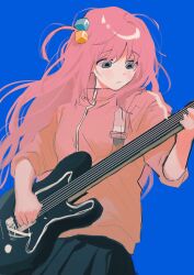 Rule 34 | 1girl, black skirt, blue eyes, blush, bocchi the rock!, closed mouth, commentary request, cowboy shot, cube hair ornament, electric guitar, floating hair, goguma wagamja, gotoh hitori, guitar, hair bobbles, hair ornament, highres, holding, holding guitar, holding instrument, instrument, jacket, korean commentary, long hair, looking down, music, one side up, pink hair, pink jacket, playing guitar, playing instrument, pleated skirt, short sleeves, shoulder strap, skirt, sleeves rolled up, solo, track jacket