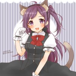 Rule 34 | 1girl, adapted costume, ahoge, animal ears, black skirt, black vest, cat ears, cat tail, cocoperino, dated, dress shirt, extra ears, gloves, hagikaze (kancolle), kantai collection, long hair, long skirt, looking at viewer, one side up, puffy short sleeves, puffy sleeves, purple eyes, purple hair, shirt, short ponytail, short sleeves, skirt, smile, solo, striped, striped background, tail, twitter username, vest, white gloves, white shirt