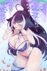 Rule 34 | 1girl, ahoge, bikini, blue bikini, blue eyes, blue hair, blunt bangs, breasts, bursting breasts, cetacean tail, cleavage, collarbone, fingers to cheeks, fins, fish tail, heart, heart-shaped pupils, heart ahoge, highres, huge breasts, indie virtual youtuber, large breasts, leaning forward, long hair, looking at viewer, multicolored hair, navel, one eye closed, shrimp, shylily, shylily (bikini), solo, striped bikini, striped clothes, swimsuit, symbol-shaped pupils, tail, thick thighs, thigh strap, thighs, tongue, tongue out, two-tone hair, uzda ricecake, very long hair, virtual youtuber
