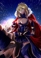 Rule 34 | 1girl, animal, armor, artoria pendragon (fate), artoria pendragon (lancer) (fate), blue dress, blue legwear, blue sky, braid, breasts, cape, cleavage, cleavage cutout, clothing cutout, crown, dress, fate/grand order, fate (series), french braid, fur-trimmed cape, fur trim, gauntlets, green eyes, hair between eyes, highres, holding, holding reins, holding weapon, horse, horseback riding, lance, large breasts, otsunabe (naabe delta), outdoors, polearm, red cape, reins, rhongomyniad (fate), riding, sidelocks, sky, smile, solo, spear, weapon