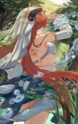 Rule 34 | 1girl, absurdres, aqua eyes, arm up, back, back tattoo, bare shoulders, blurry, blurry foreground, breasts, covered mouth, cowboy shot, crop top, detached sleeves, floating hair, franccy, from behind, genshin impact, gold trim, highres, horns, long hair, long sleeves, looking at viewer, looking back, low twintails, median furrow, medium breasts, nilou (genshin impact), puffy long sleeves, puffy sleeves, red hair, sidelocks, skirt, solo, tattoo, twintails, veil, vision (genshin impact), water