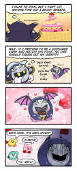 Rule 34 | 4koma, bat wings, blue skin, blush stickers, cake, candy, cape, chocolate, chocolate bar, colored skin, comic, eating, food, food on face, fruit, highres, kirby, kirby&#039;s dream buffet, kirby (series), mask, meta knight, nintendo, no humans, open mouth, pink skin, shibulio, smile, solid circle eyes, sparkle, strawberry, sweat, wings, yellow eyes, yellow skin