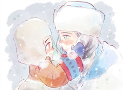 Rule 34 | 2boys, aged down, black hair, blue eyes, blush, braid, brown eyes, child, eye contact, hands on another&#039;s cheeks, hands on another&#039;s face, hat, ichi kotoko, katsuki yuuri, looking at another, male focus, mittens, multiple boys, open mouth, russian clothes, silver hair, smile, snowing, viktor nikiforov, yuri!!! on ice