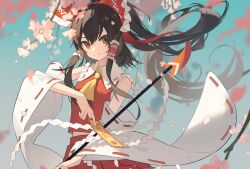 Rule 34 | 1girl, bare shoulders, black hair, bow, cherry blossoms, closed mouth, detached sleeves, gohei, hair between eyes, hair bow, hair tubes, hakurei reimu, hanamoto410, highres, holding, holding gohei, japanese clothes, long hair, nontraditional miko, ofuda, orange eyes, petals, red bow, red skirt, ribbon-trimmed sleeves, ribbon trim, sidelocks, skirt, solo, touhou, upper body, white sleeves, wide sleeves