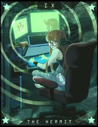 Rule 34 | 1girl, ahoge, arms up, bare shoulders, barefoot, bedroom, behind-the-head headphones, black tank top, blunt bangs, book, calling card, cargo pants, chair, computer, computer tower, desk, fanny pack, glasses, glowing, grey legwear, headphones, highres, hime cut, keyboard (computer), leaning forward, long hair, looking at viewer, looking back, looking to the side, monitor, office chair, orange hair, p5arcanazine, pants, paper, persona, persona 5, photo (object), purple eyes, sakura futaba, screen, screen light, sitting, solo, star (symbol), swivel chair, tank top, tarot, the hermit (tarot), thick eyebrows, turning head, v arms